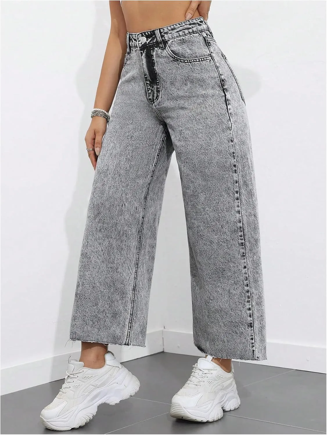 MakeMeChic Women's Denim Raw Wide Leg Trousers Straight Loose Baggy Y2K Jeans with Pocket