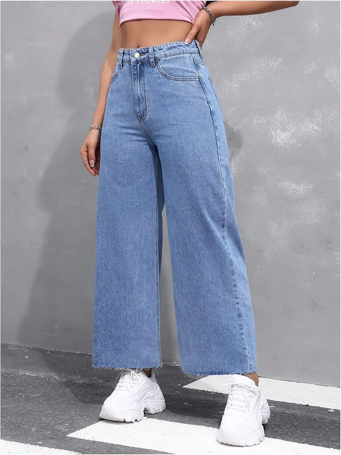 MakeMeChic Women's Denim Raw Wide Leg Trousers Straight Loose Baggy Y2K Jeans with Pocket