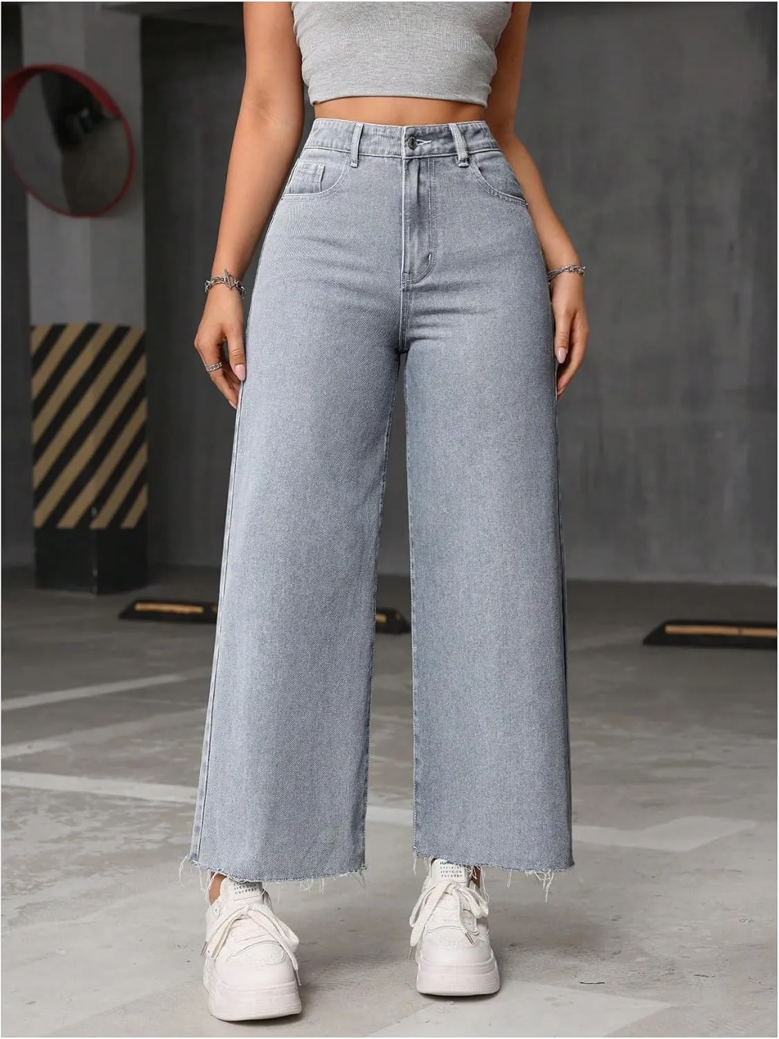 MakeMeChic Women's Denim Raw Wide Leg Trousers Straight Loose Baggy Y2K Jeans with Pocket