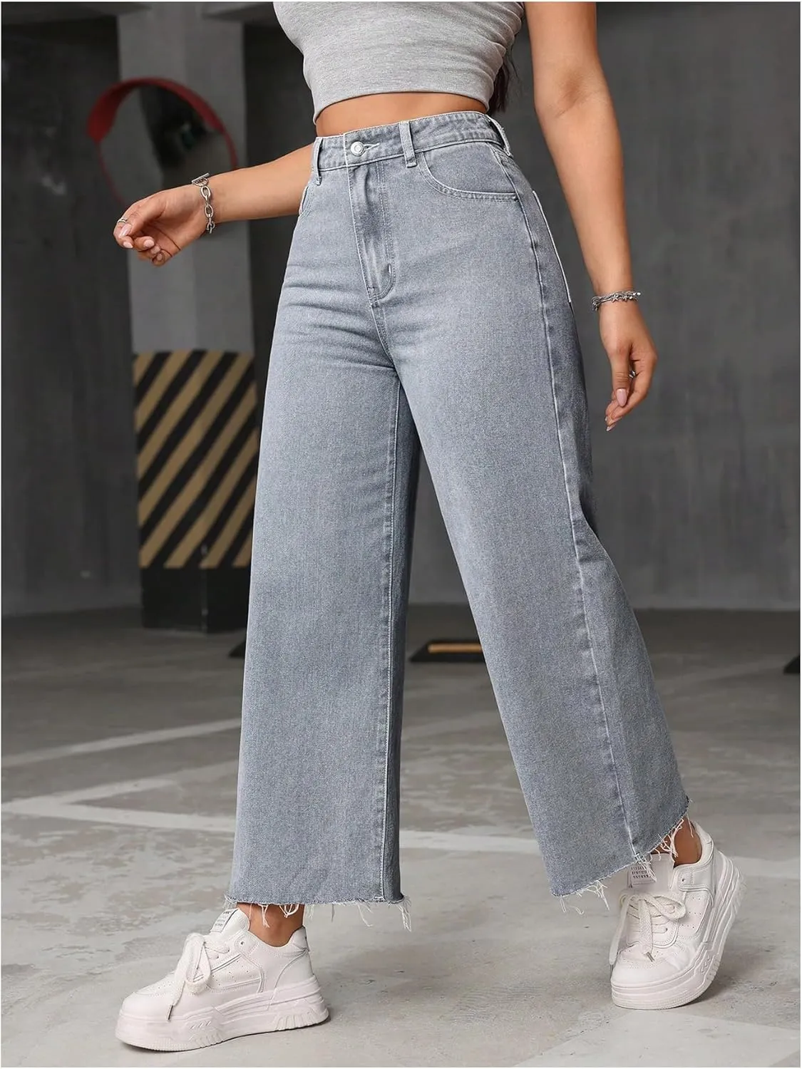 MakeMeChic Women's Denim Raw Wide Leg Trousers Straight Loose Baggy Y2K Jeans with Pocket