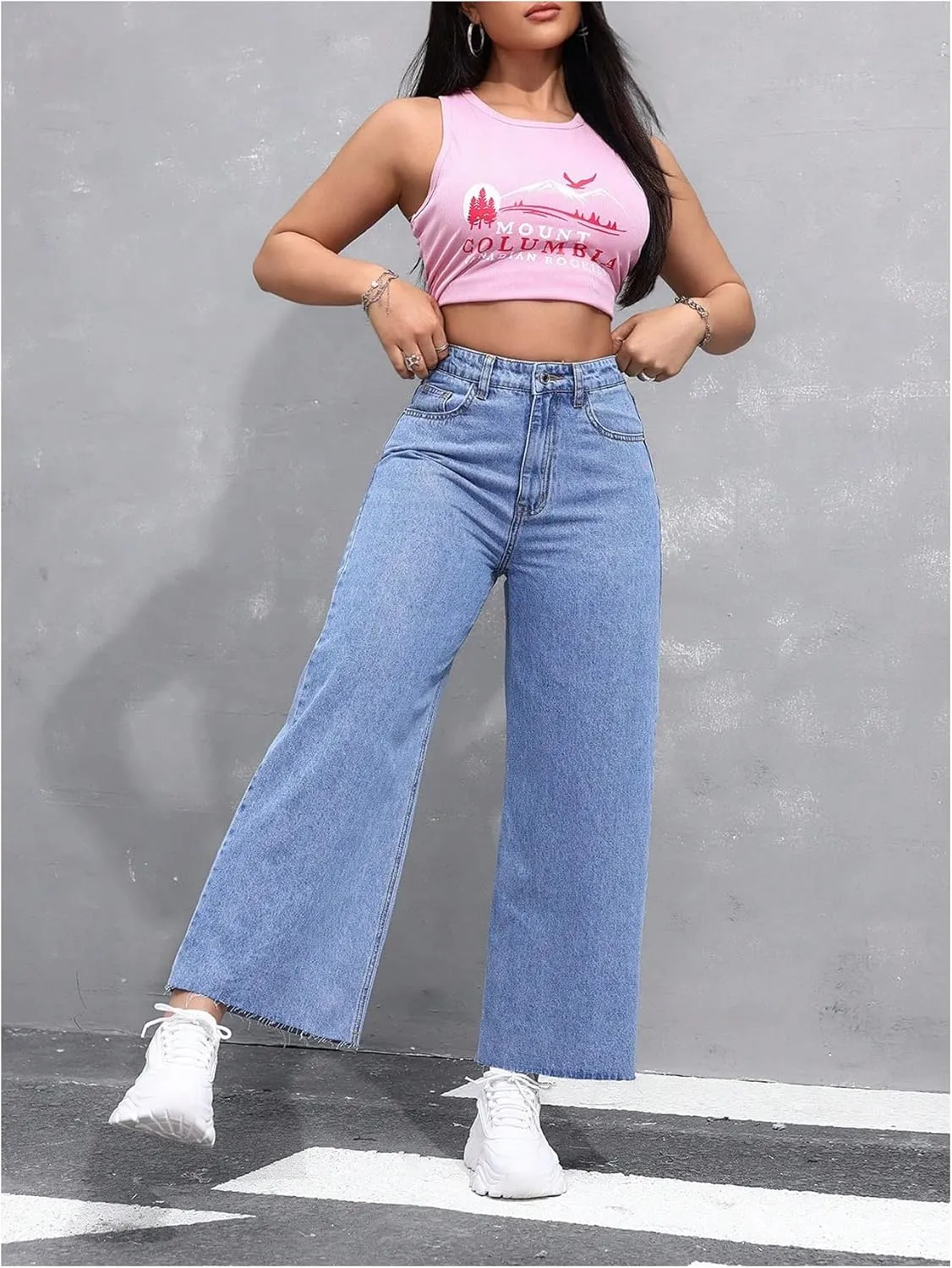 MakeMeChic Women's Denim Raw Wide Leg Trousers Straight Loose Baggy Y2K Jeans with Pocket