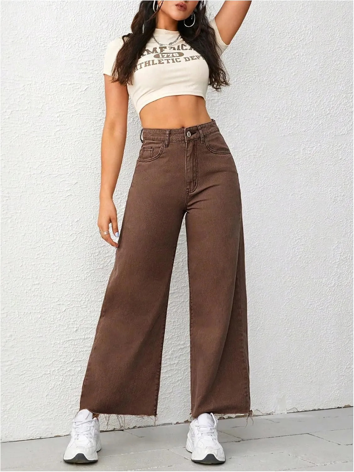 MakeMeChic Women's Denim Raw Wide Leg Trousers Straight Loose Baggy Y2K Jeans with Pocket
