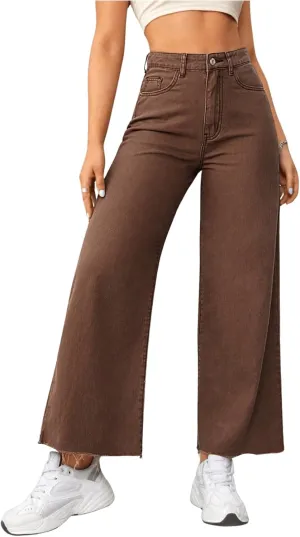 MakeMeChic Women's Denim Raw Wide Leg Trousers Straight Loose Baggy Y2K Jeans with Pocket