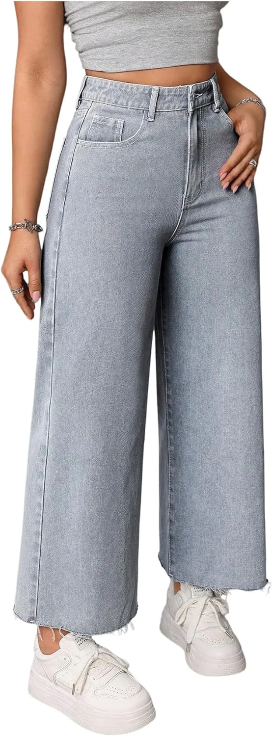 MakeMeChic Women's Denim Raw Wide Leg Trousers Straight Loose Baggy Y2K Jeans with Pocket