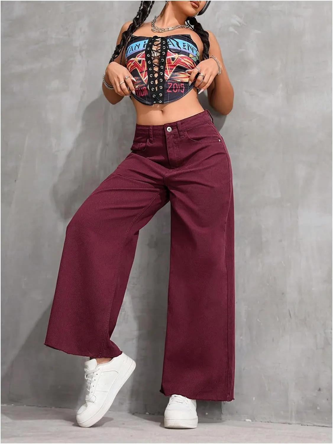 MakeMeChic Women's Denim Raw Wide Leg Trousers Straight Loose Baggy Y2K Jeans with Pocket