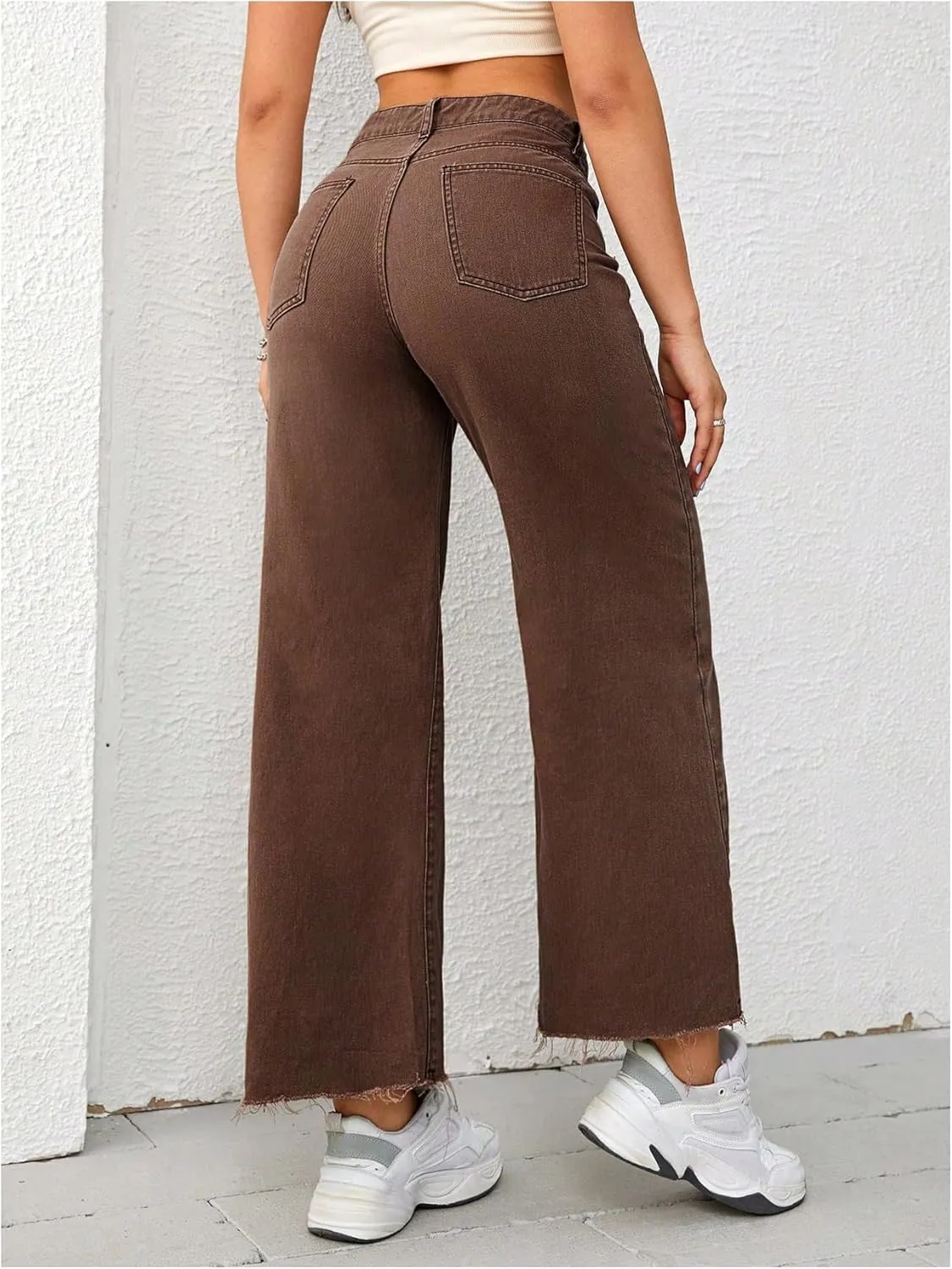 MakeMeChic Women's Denim Raw Wide Leg Trousers Straight Loose Baggy Y2K Jeans with Pocket