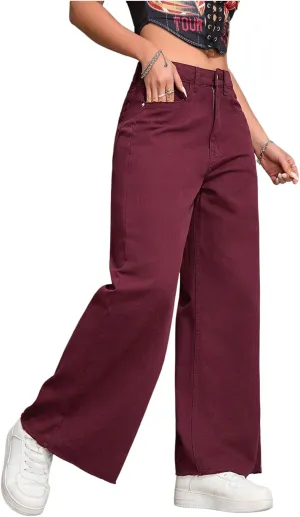 MakeMeChic Women's Denim Raw Wide Leg Trousers Straight Loose Baggy Y2K Jeans with Pocket