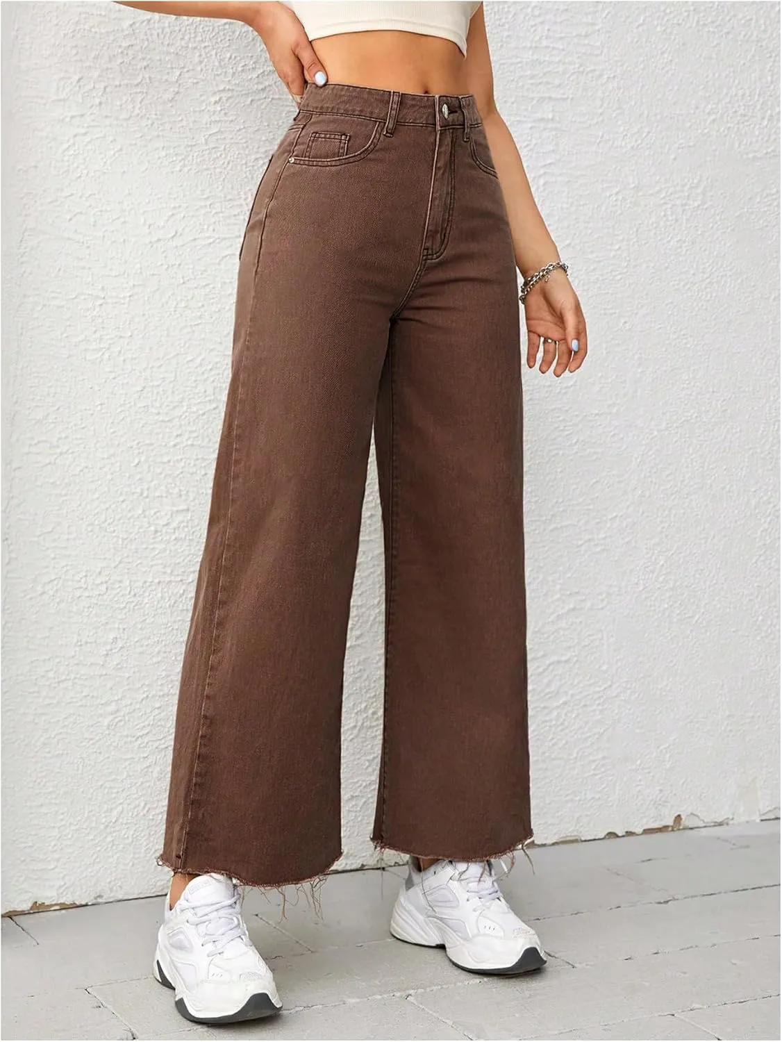 MakeMeChic Women's Denim Raw Wide Leg Trousers Straight Loose Baggy Y2K Jeans with Pocket