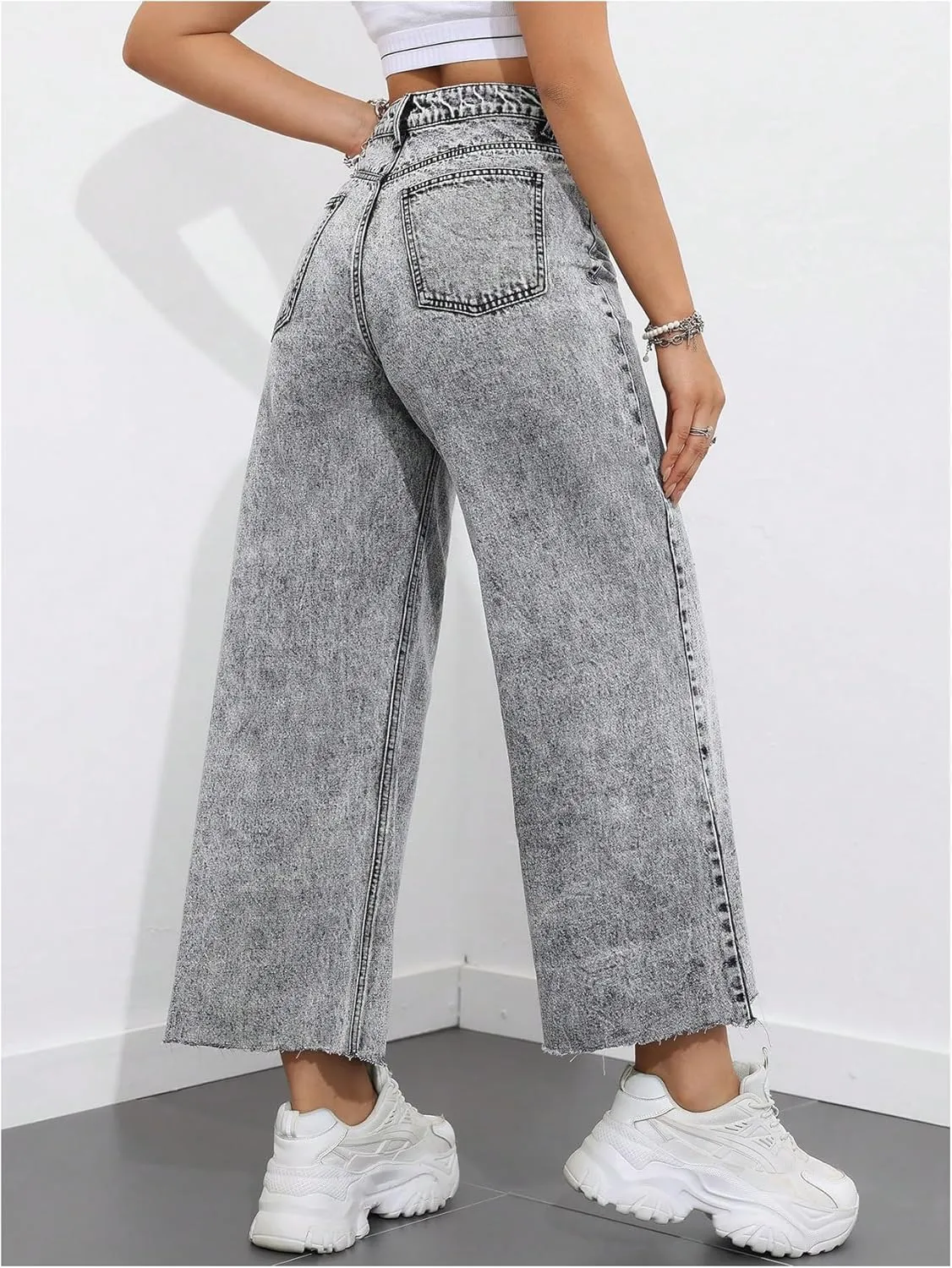 MakeMeChic Women's Denim Raw Wide Leg Trousers Straight Loose Baggy Y2K Jeans with Pocket
