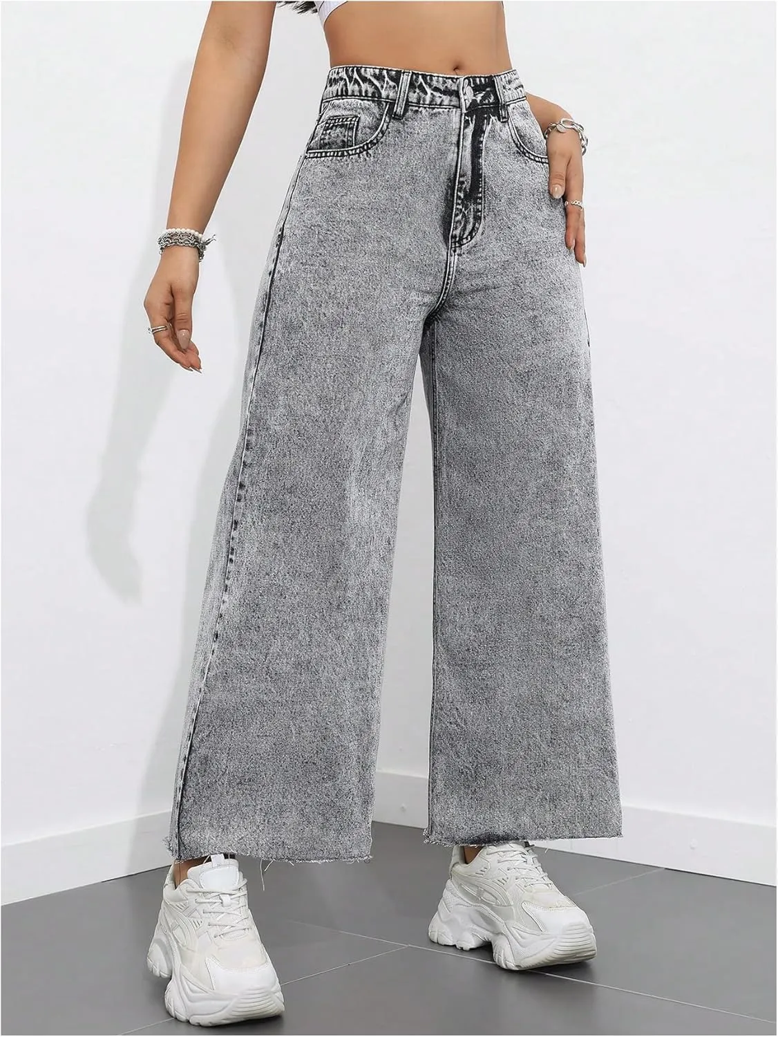 MakeMeChic Women's Denim Raw Wide Leg Trousers Straight Loose Baggy Y2K Jeans with Pocket