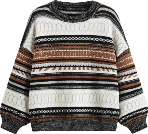 MakeMeChic Women's Vintage Sweater Geo Pattern Striped Crew Neck Long Sleeve Drop Shoulder Knit Pullovers