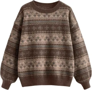 MakeMeChic Women's Vintage Sweater Geo Pattern Striped Crew Neck Long Sleeve Drop Shoulder Knit Pullovers