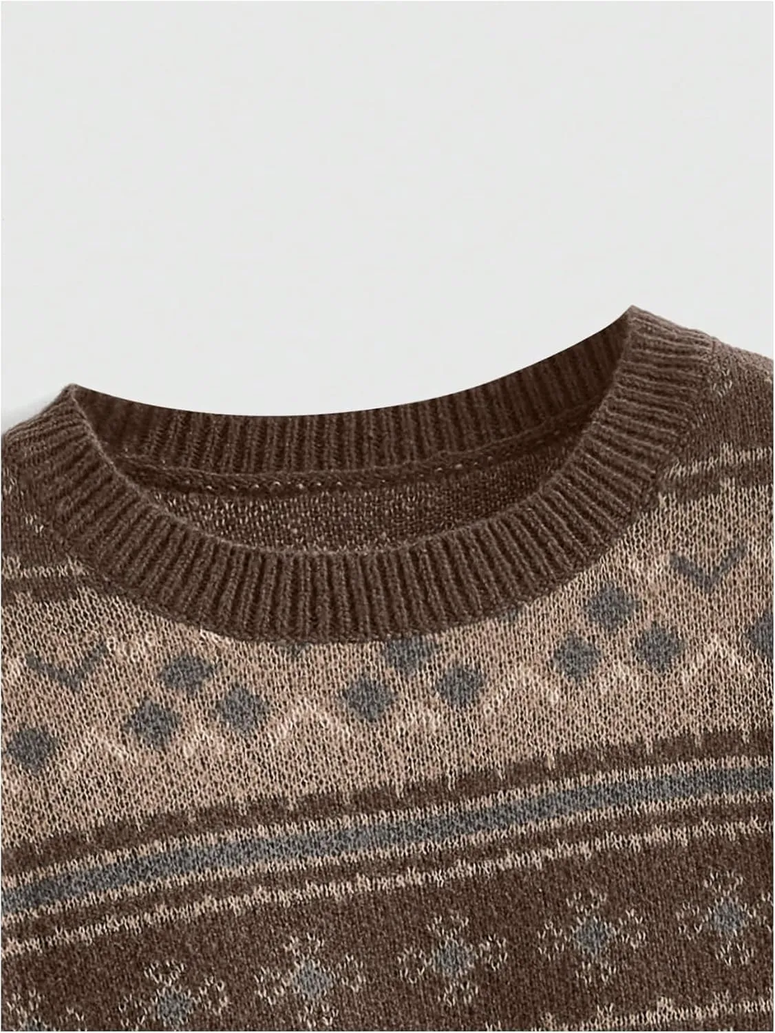 MakeMeChic Women's Vintage Sweater Geo Pattern Striped Crew Neck Long Sleeve Drop Shoulder Knit Pullovers