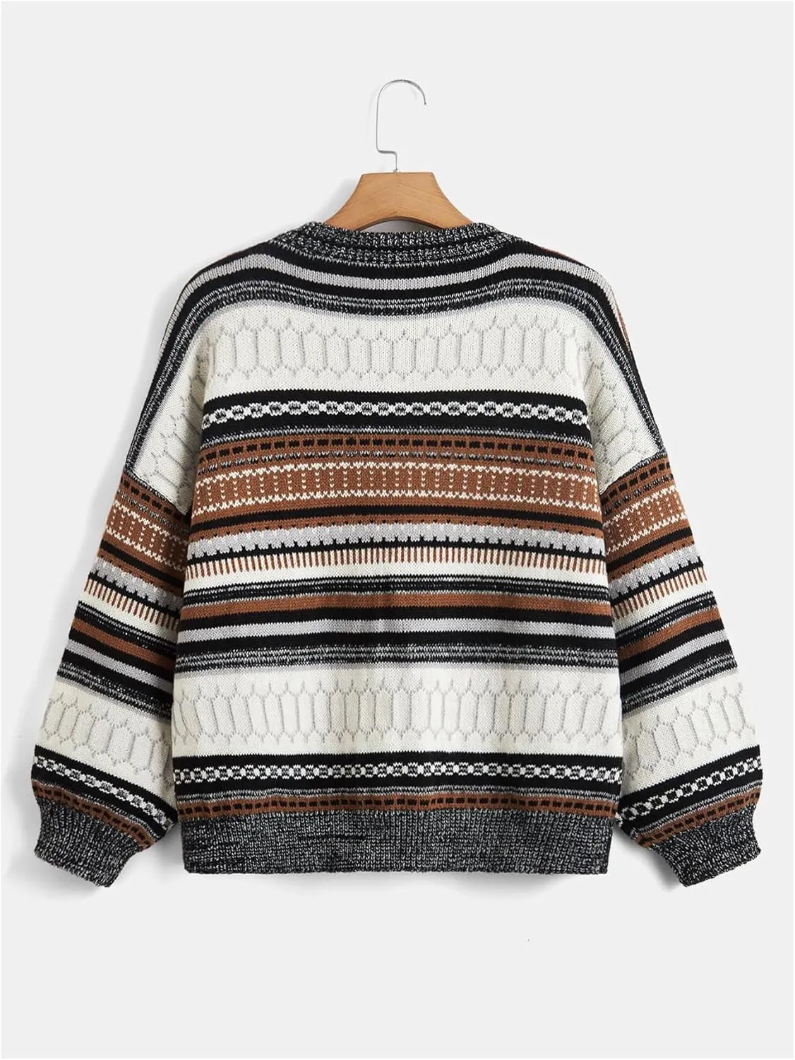 MakeMeChic Women's Vintage Sweater Geo Pattern Striped Crew Neck Long Sleeve Drop Shoulder Knit Pullovers