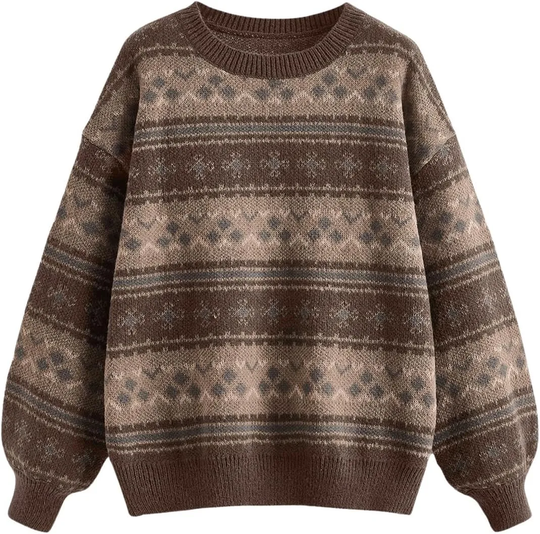 MakeMeChic Women's Vintage Sweater Geo Pattern Striped Crew Neck Long Sleeve Drop Shoulder Knit Pullovers