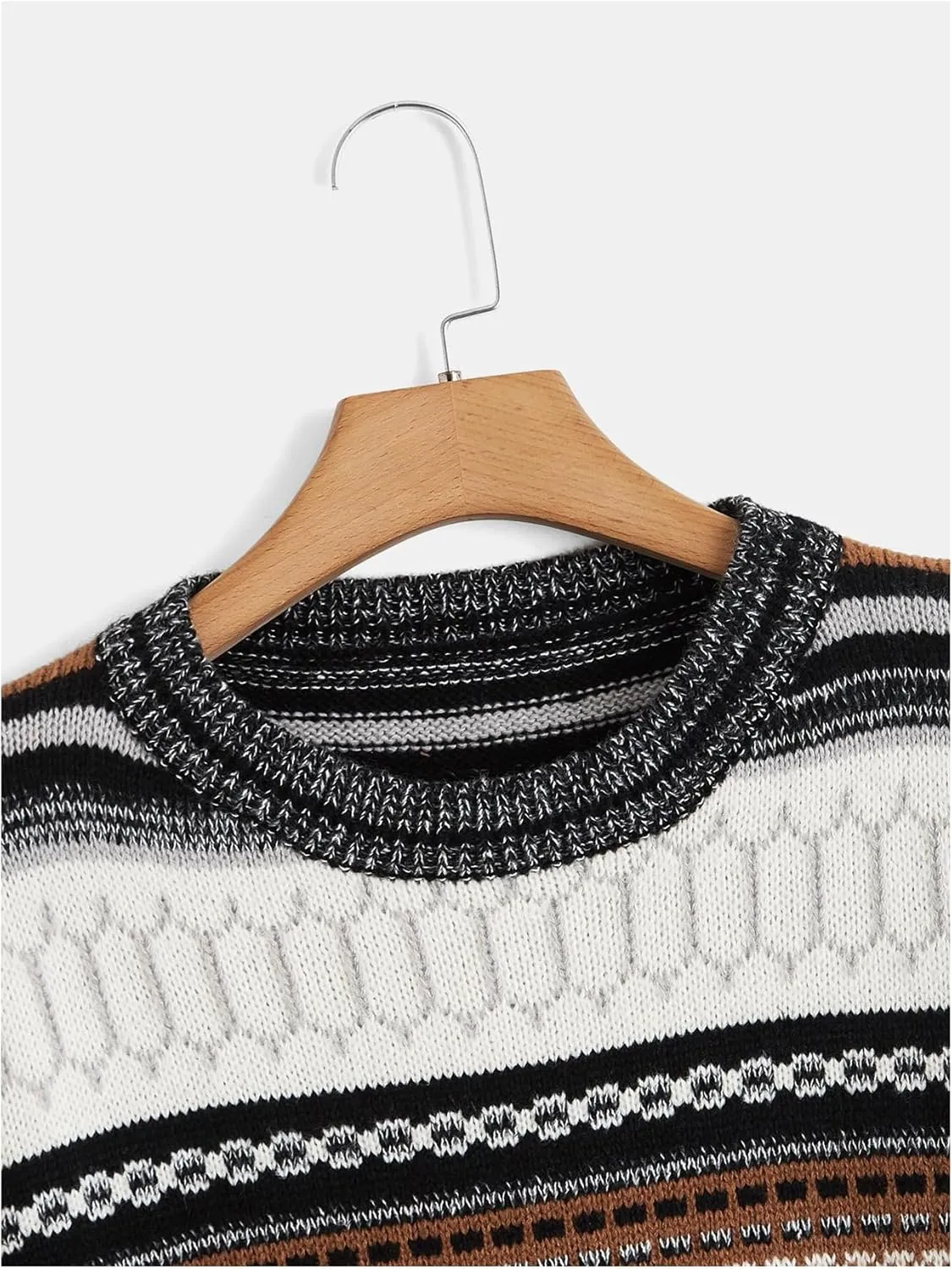 MakeMeChic Women's Vintage Sweater Geo Pattern Striped Crew Neck Long Sleeve Drop Shoulder Knit Pullovers