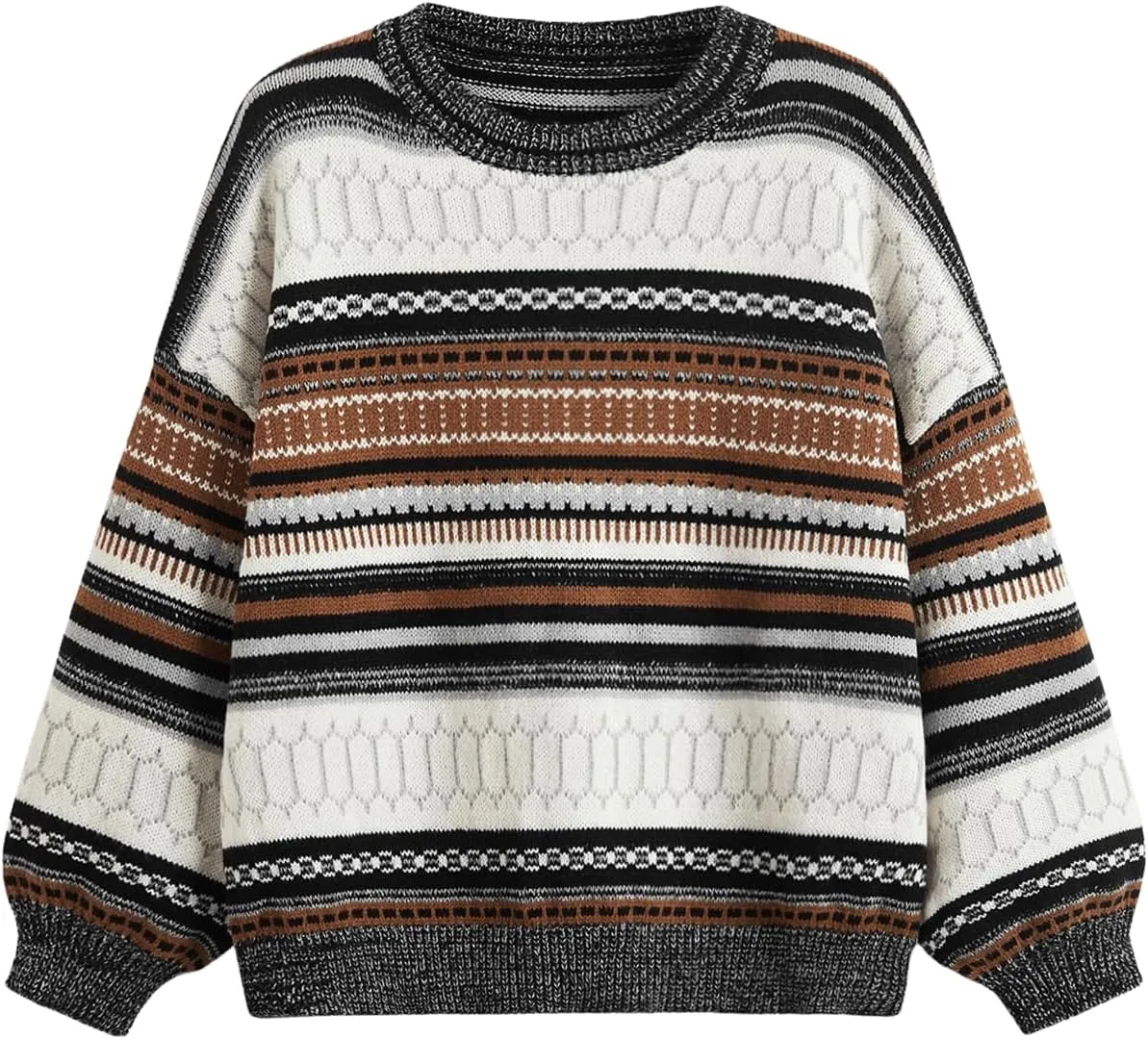 MakeMeChic Women's Vintage Sweater Geo Pattern Striped Crew Neck Long Sleeve Drop Shoulder Knit Pullovers