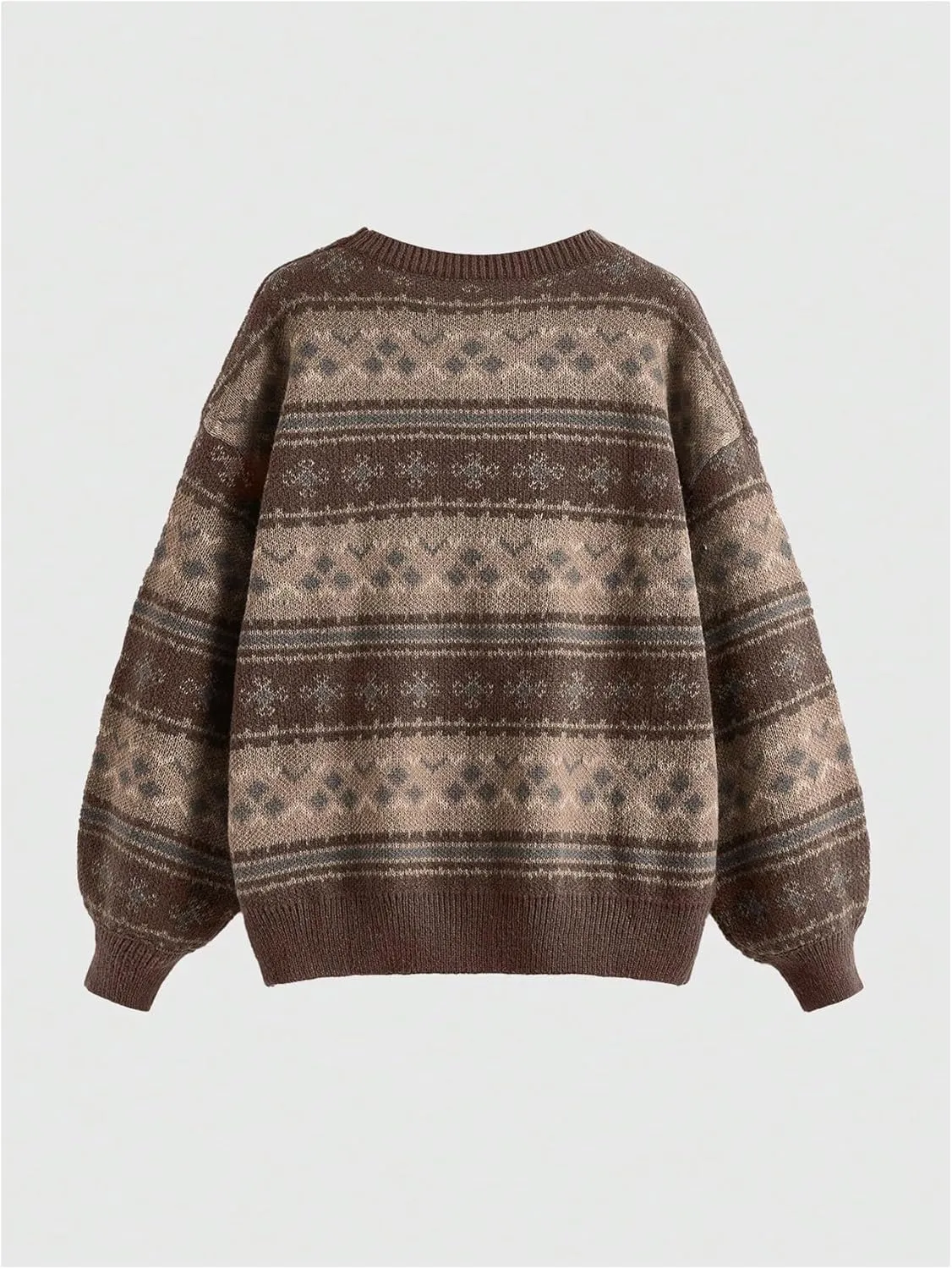 MakeMeChic Women's Vintage Sweater Geo Pattern Striped Crew Neck Long Sleeve Drop Shoulder Knit Pullovers