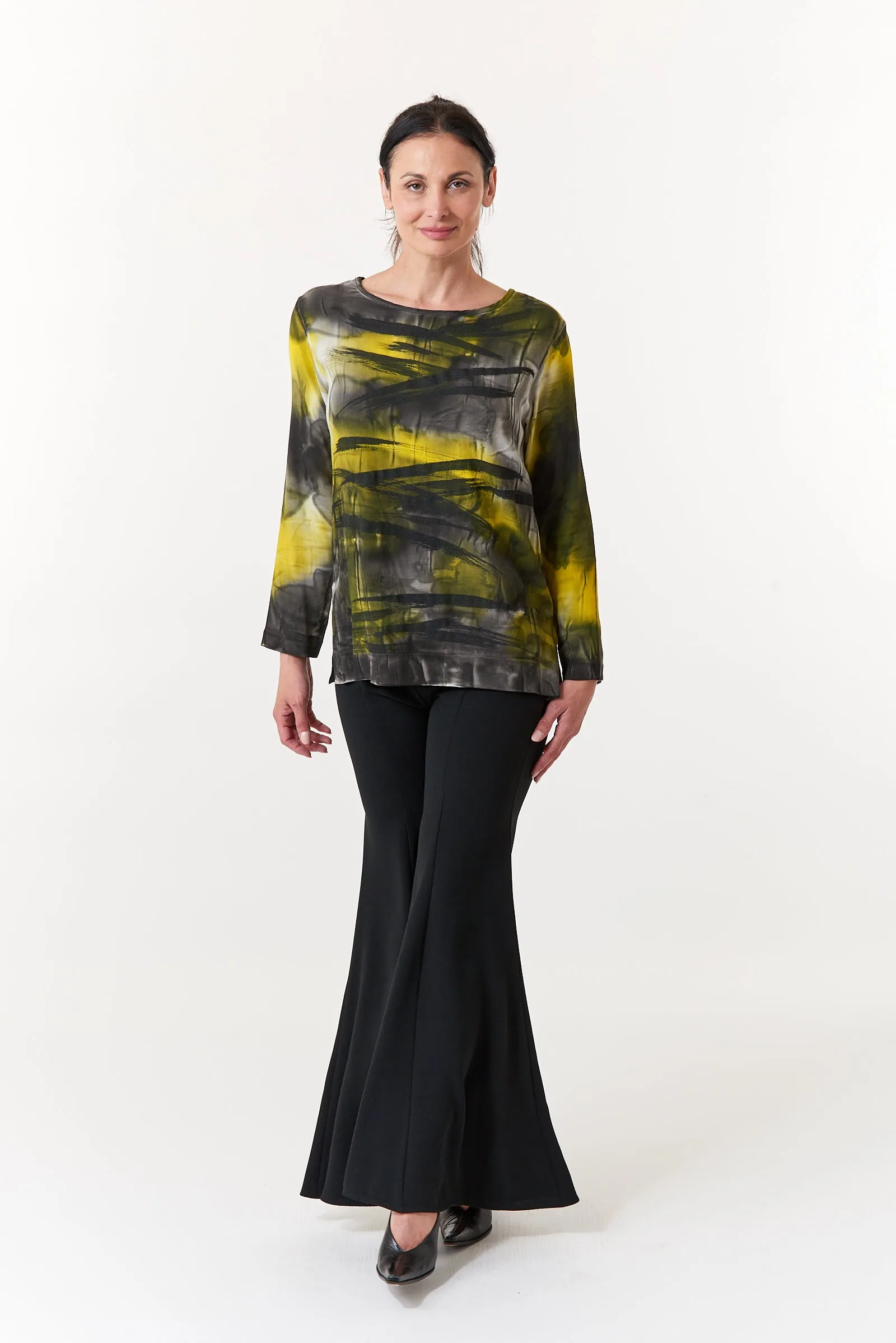 Melarosa, Silk, Hand Painted Pullover Blouse in Mustard-Italian Designer Collection