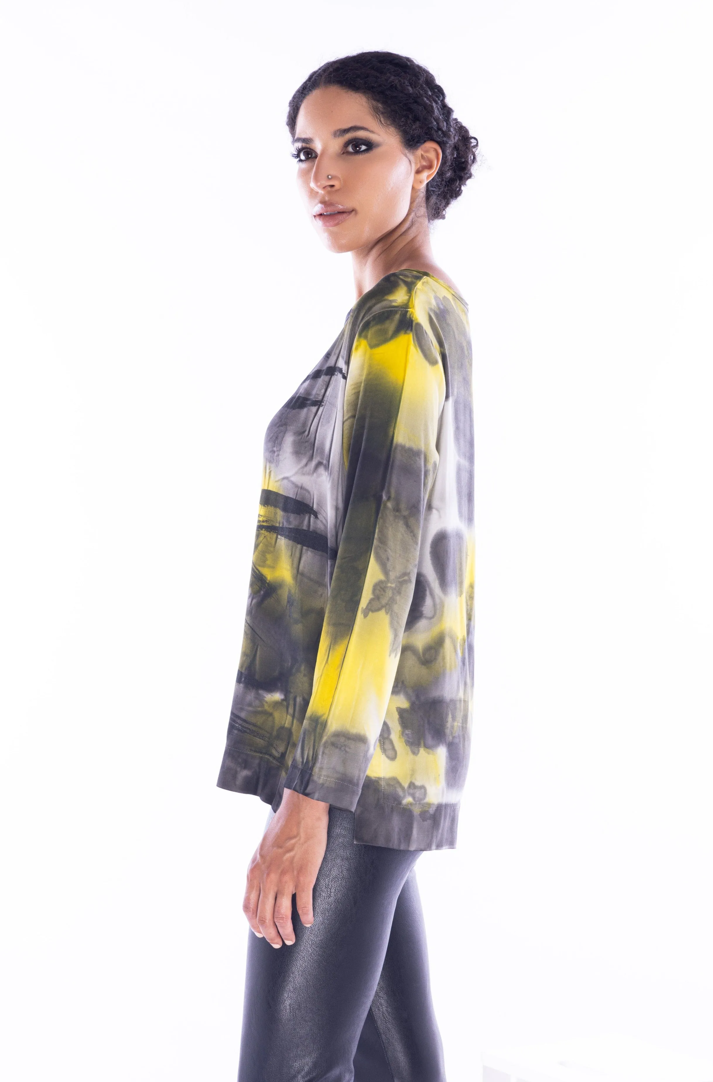 Melarosa, Silk, Hand Painted Pullover Blouse in Mustard-Italian Designer Collection
