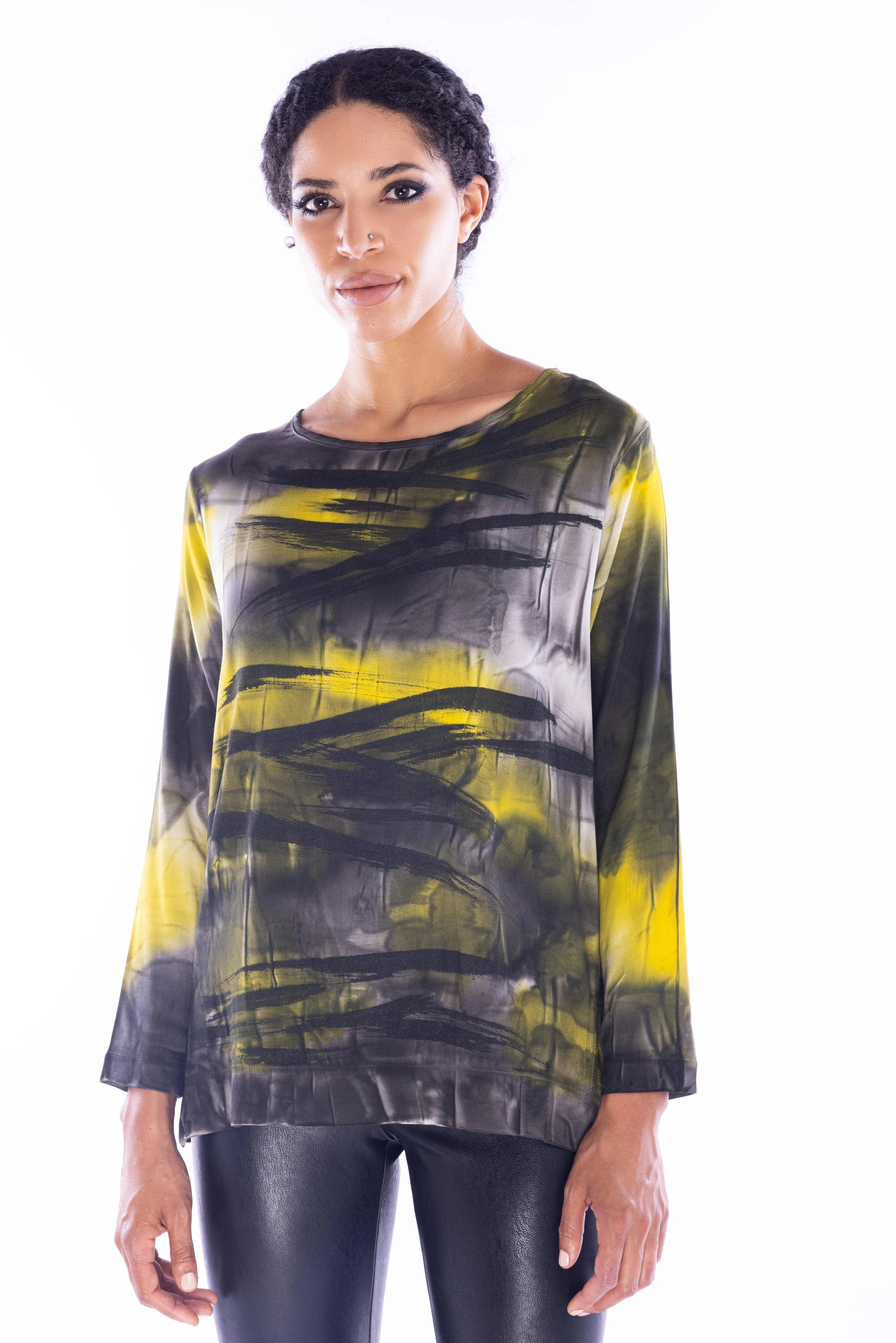 Melarosa, Silk, Hand Painted Pullover Blouse in Mustard-Italian Designer Collection