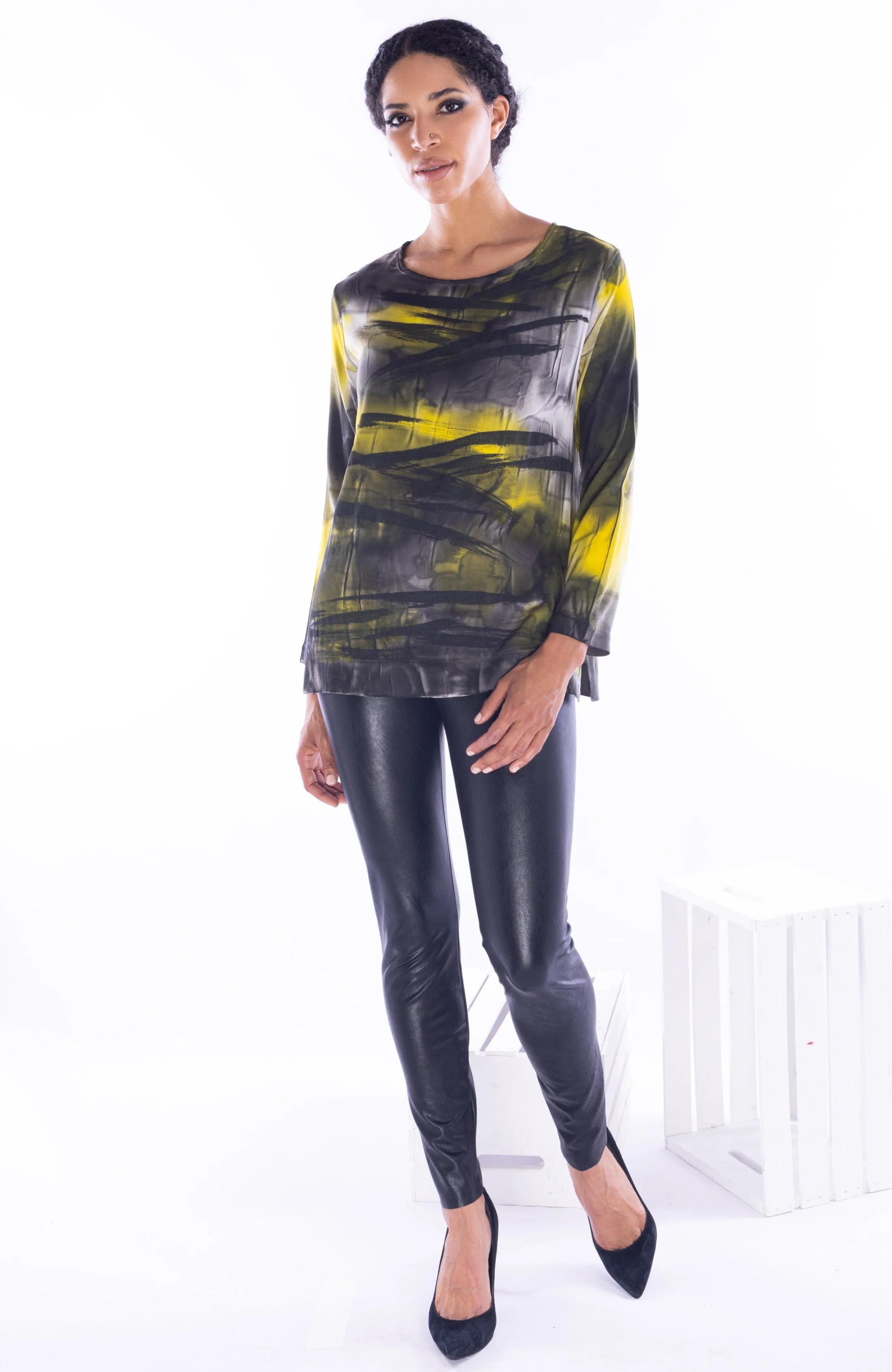 Melarosa, Silk, Hand Painted Pullover Blouse in Mustard-Italian Designer Collection