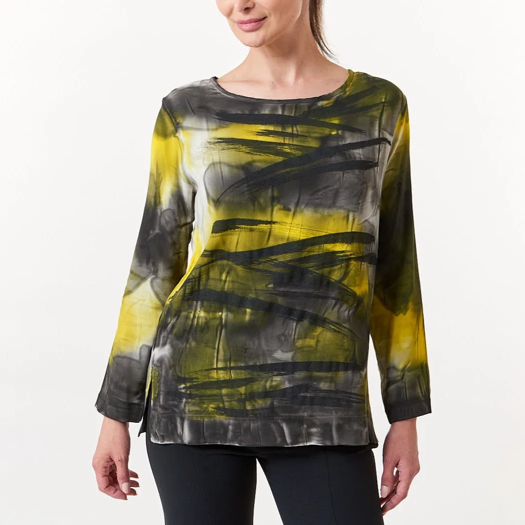 Melarosa, Silk, Hand Painted Pullover Blouse in Mustard-Italian Designer Collection