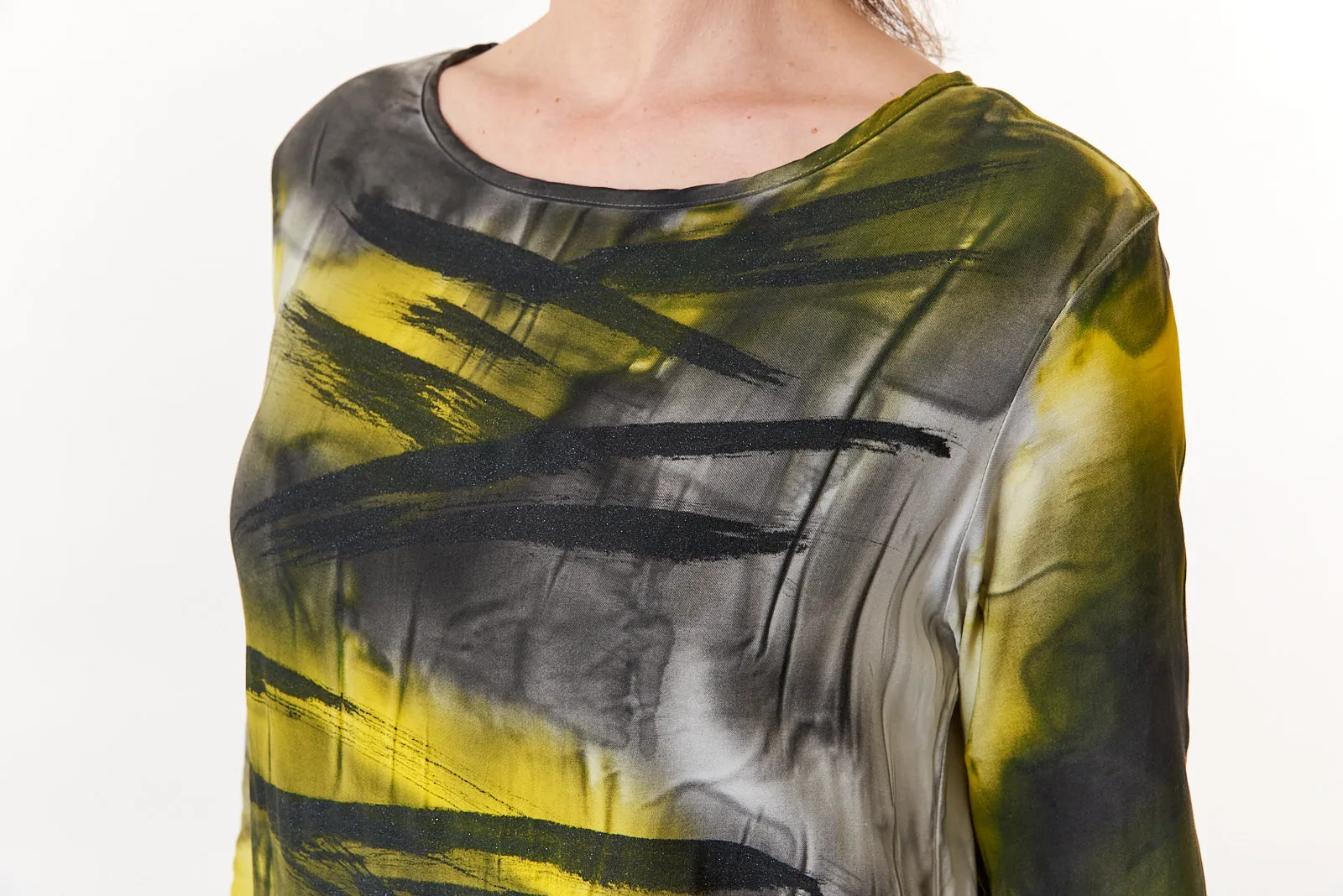 Melarosa, Silk, Hand Painted Pullover Blouse in Mustard-Italian Designer Collection