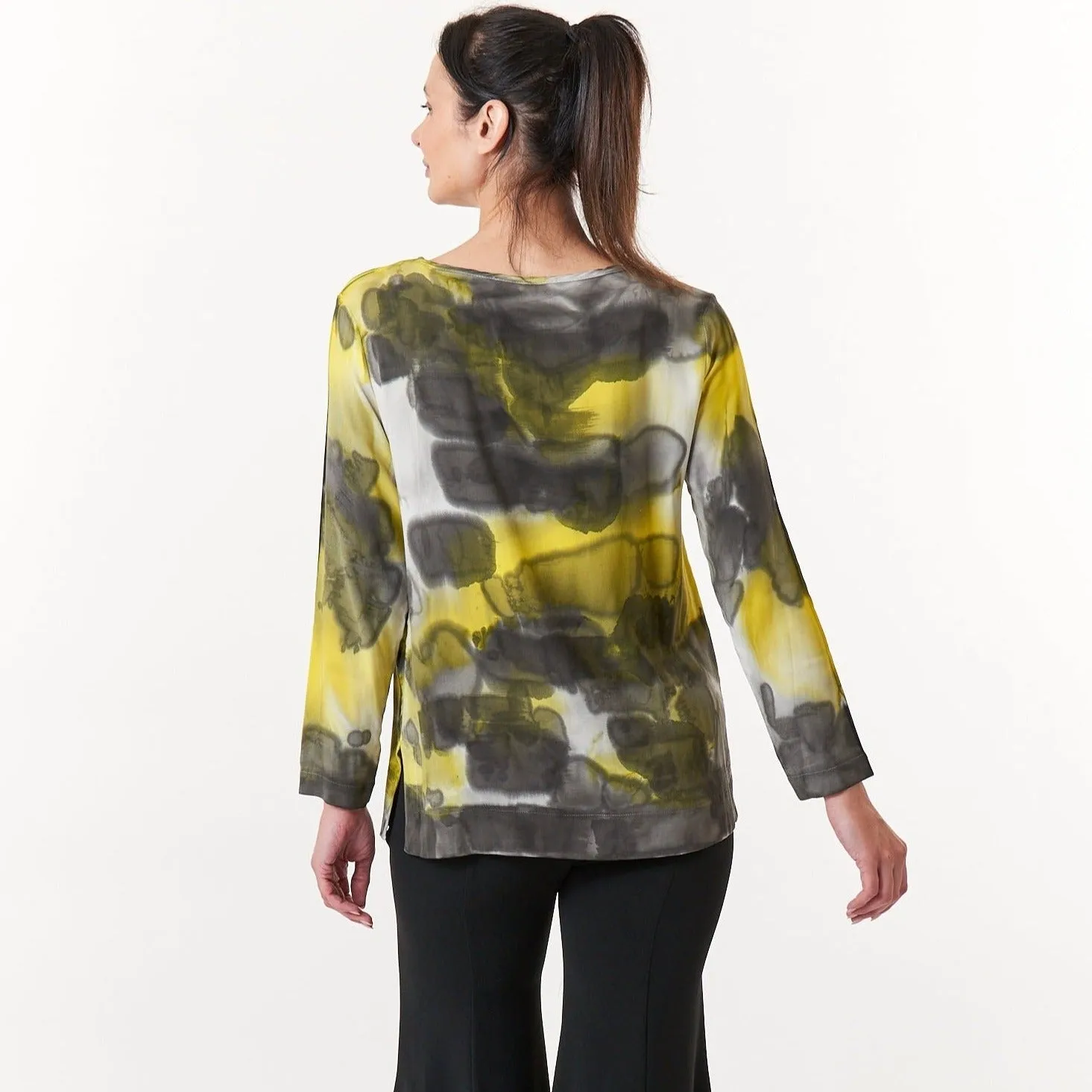 Melarosa, Silk, Hand Painted Pullover Blouse in Mustard-Italian Designer Collection