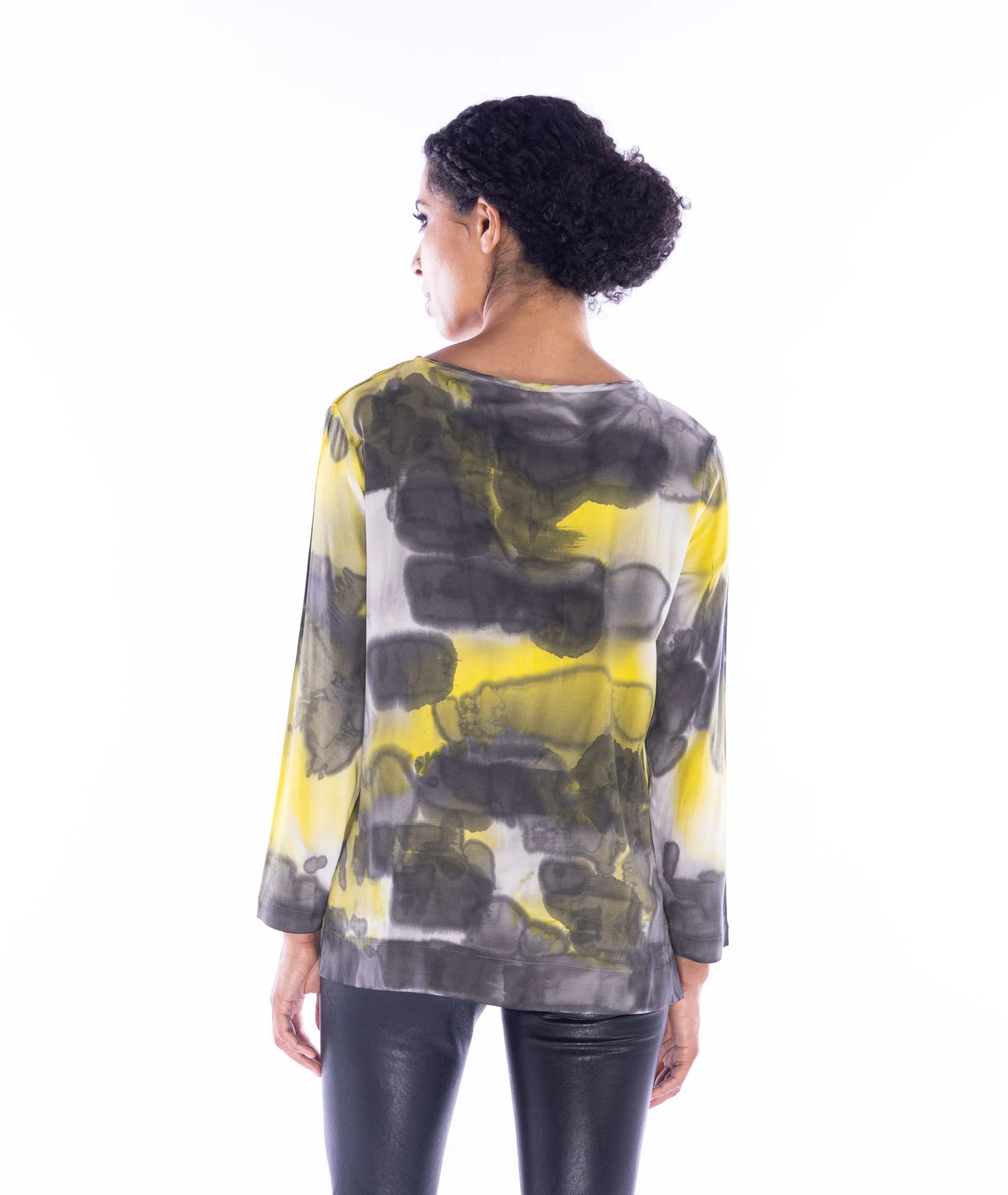 Melarosa, Silk, Hand Painted Pullover Blouse in Mustard-Italian Designer Collection