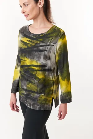 Melarosa, Silk, Hand Painted Pullover Blouse in Mustard-Italian Designer Collection