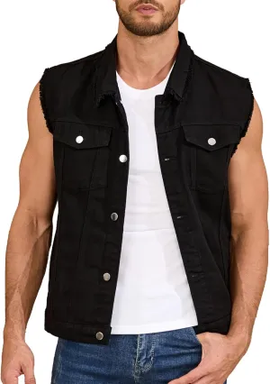 Mens Denim Vest Lapel Sleeveless Jean Jacket Casual Slim Fit Fringed