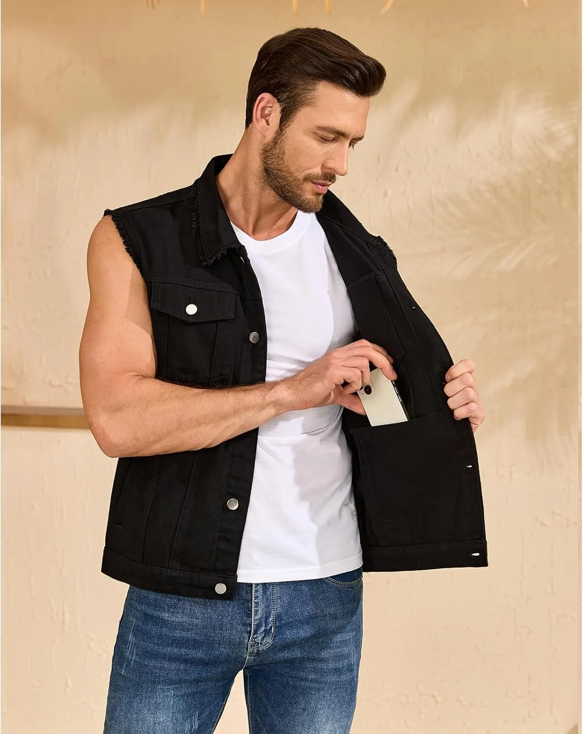 Mens Denim Vest Lapel Sleeveless Jean Jacket Casual Slim Fit Fringed
