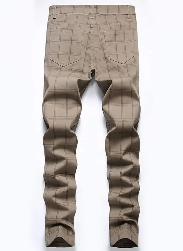 Men's Dress Plaid Slim Fit Flat Front Business Chinos Pants with Pockets RY02