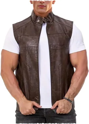 Men's Faux Leather Suit Vest Casual Western Vest Jacket Sleeveless Motorcycle Biker Vest Dress Waistcoats