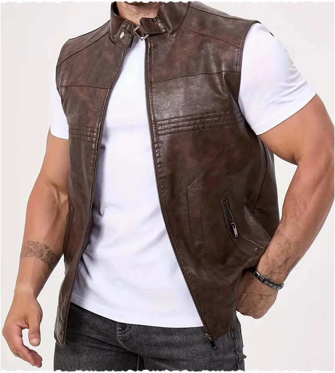 Men's Faux Leather Suit Vest Casual Western Vest Jacket Sleeveless Motorcycle Biker Vest Dress Waistcoats