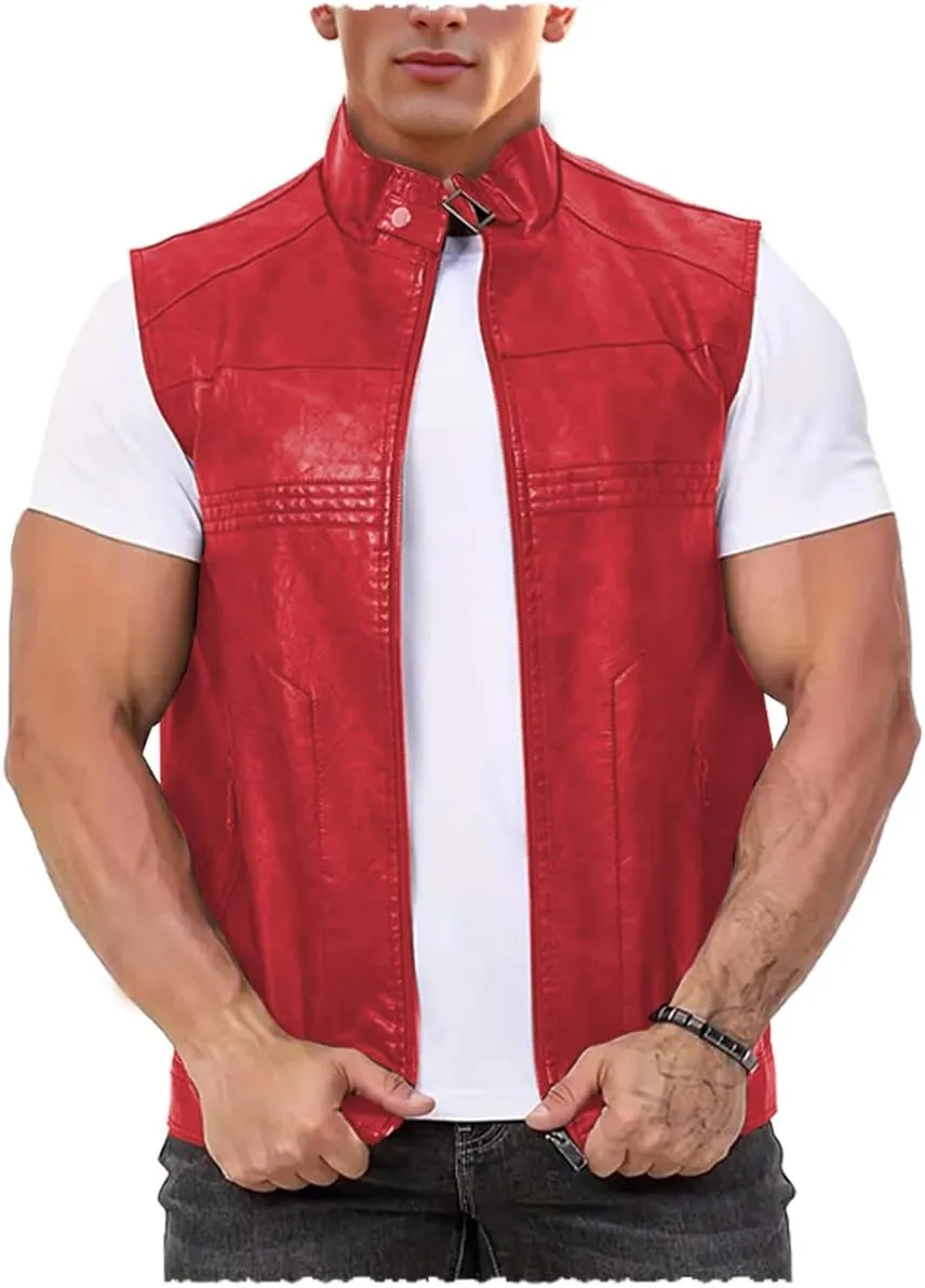 Men's Faux Leather Suit Vest Casual Western Vest Jacket Sleeveless Motorcycle Biker Vest Dress Waistcoats