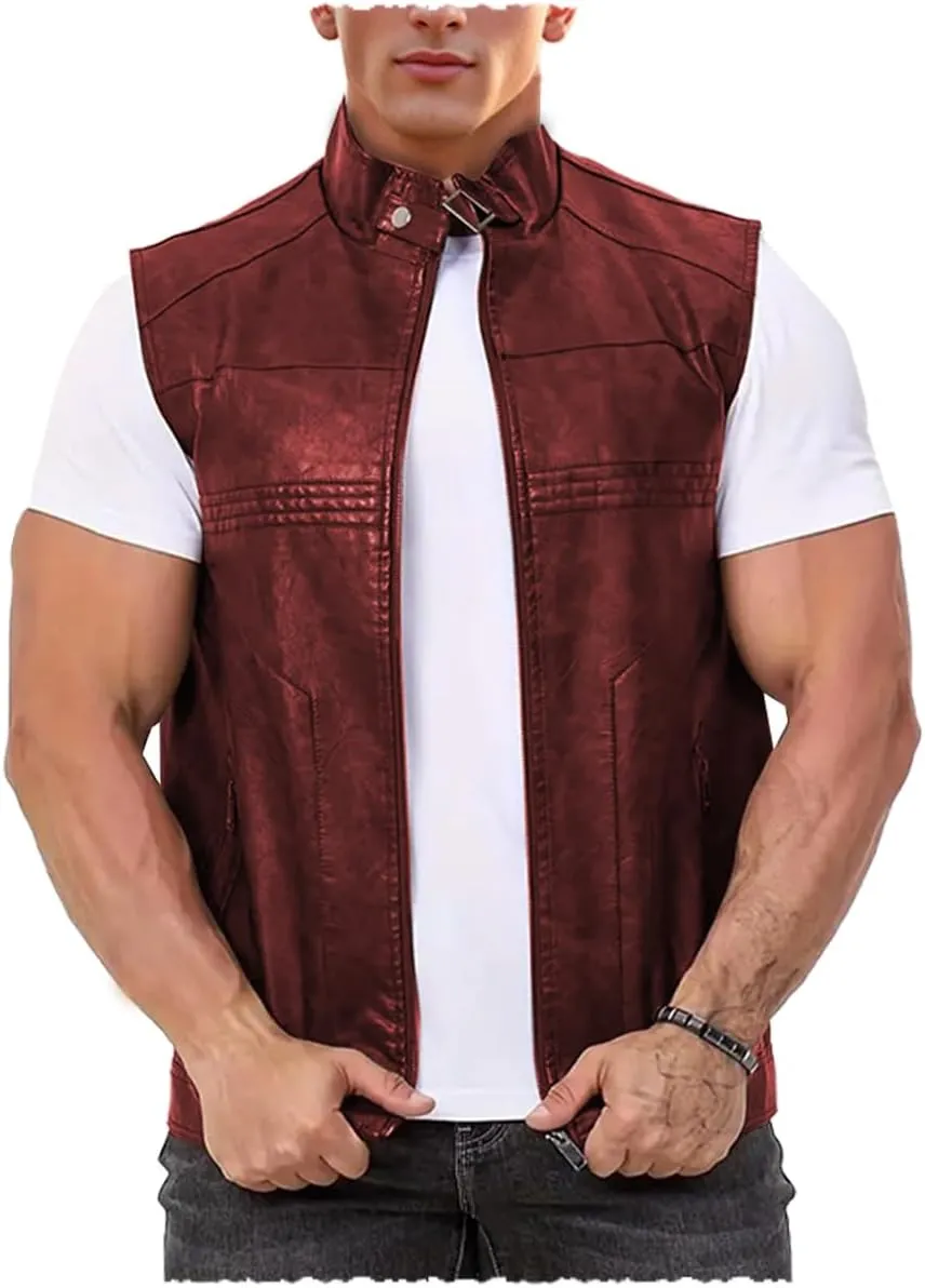 Men's Faux Leather Suit Vest Casual Western Vest Jacket Sleeveless Motorcycle Biker Vest Dress Waistcoats
