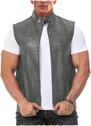 Men's Faux Leather Suit Vest Casual Western Vest Jacket Sleeveless Motorcycle Biker Vest Dress Waistcoats
