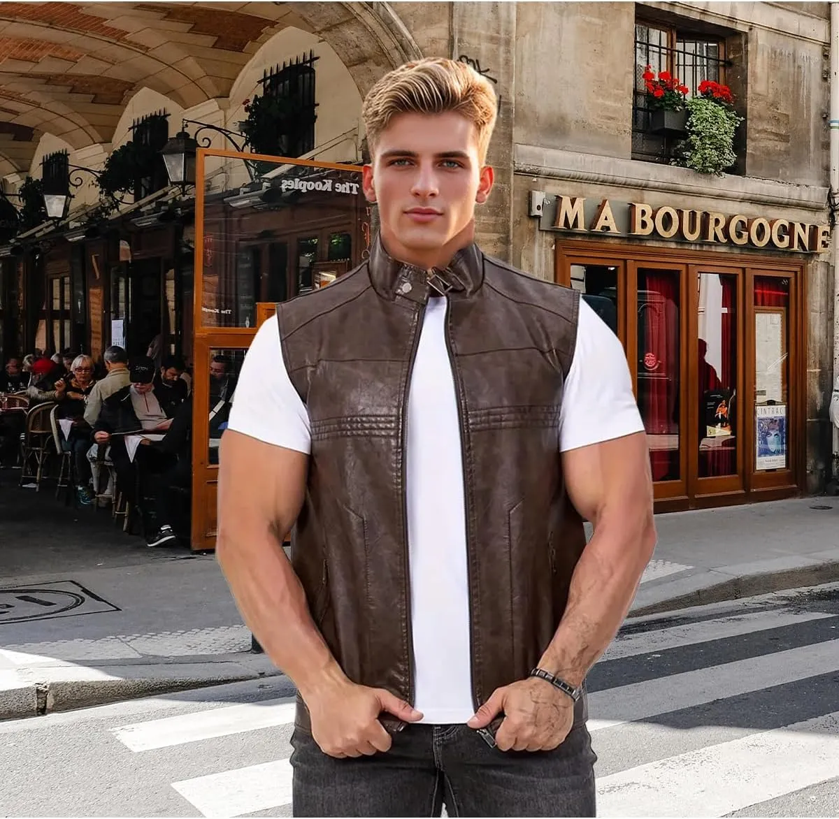 Men's Faux Leather Suit Vest Casual Western Vest Jacket Sleeveless Motorcycle Biker Vest Dress Waistcoats