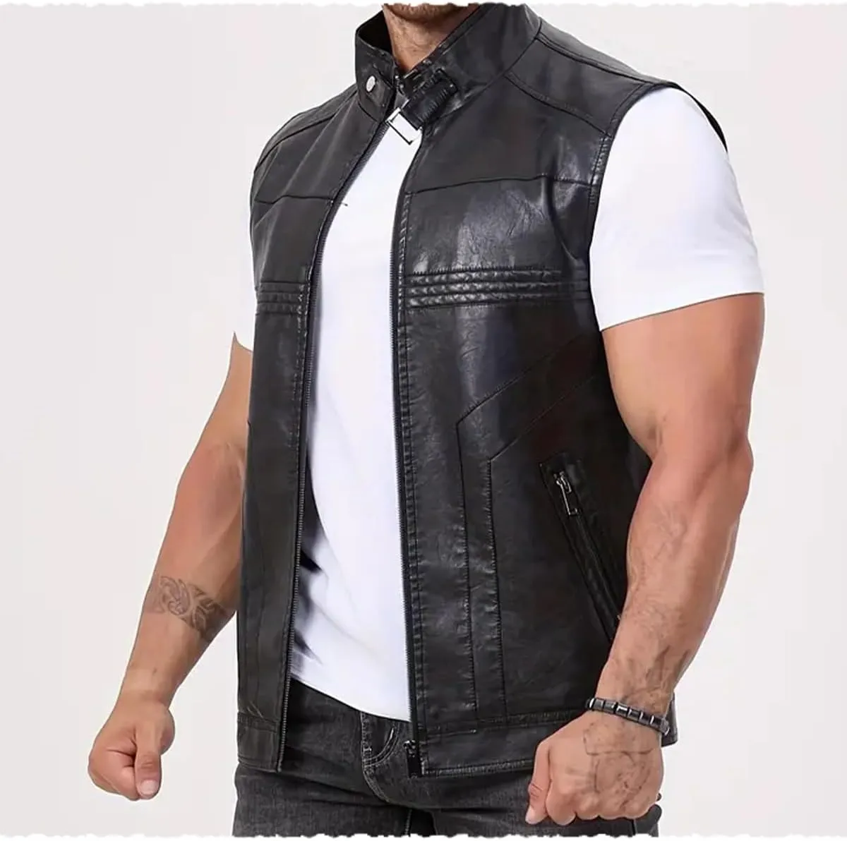 Men's Faux Leather Suit Vest Casual Western Vest Jacket Sleeveless Motorcycle Biker Vest Dress Waistcoats