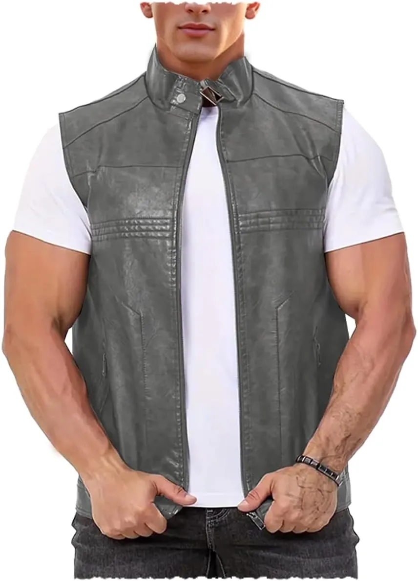 Men's Faux Leather Suit Vest Casual Western Vest Jacket Sleeveless Motorcycle Biker Vest Dress Waistcoats