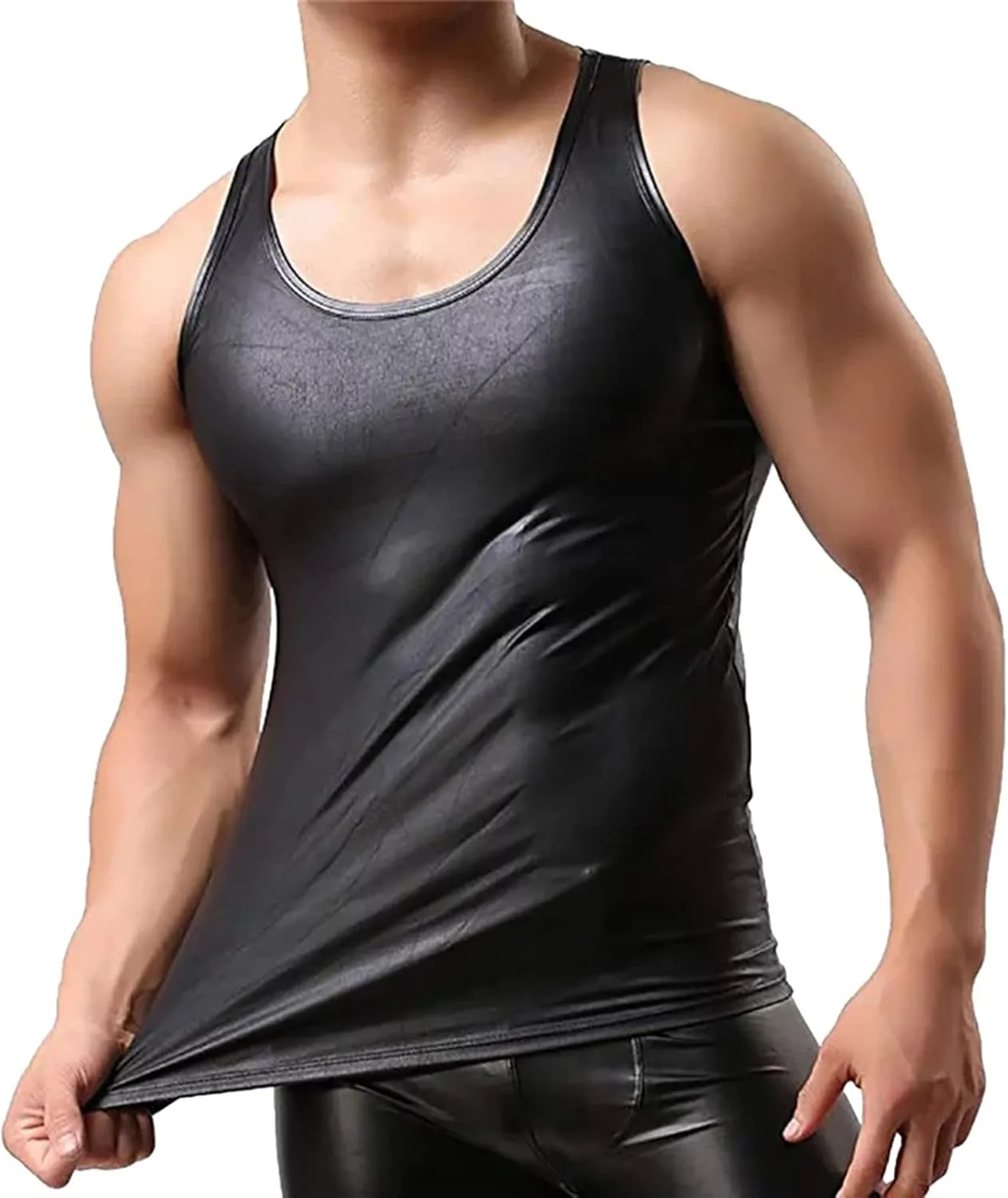 Men's Faux Leather Vest UndershirtRound Neck Sleeveless Shirt Tank Top Waistcoats Nightclub Party Clubwear Costumes