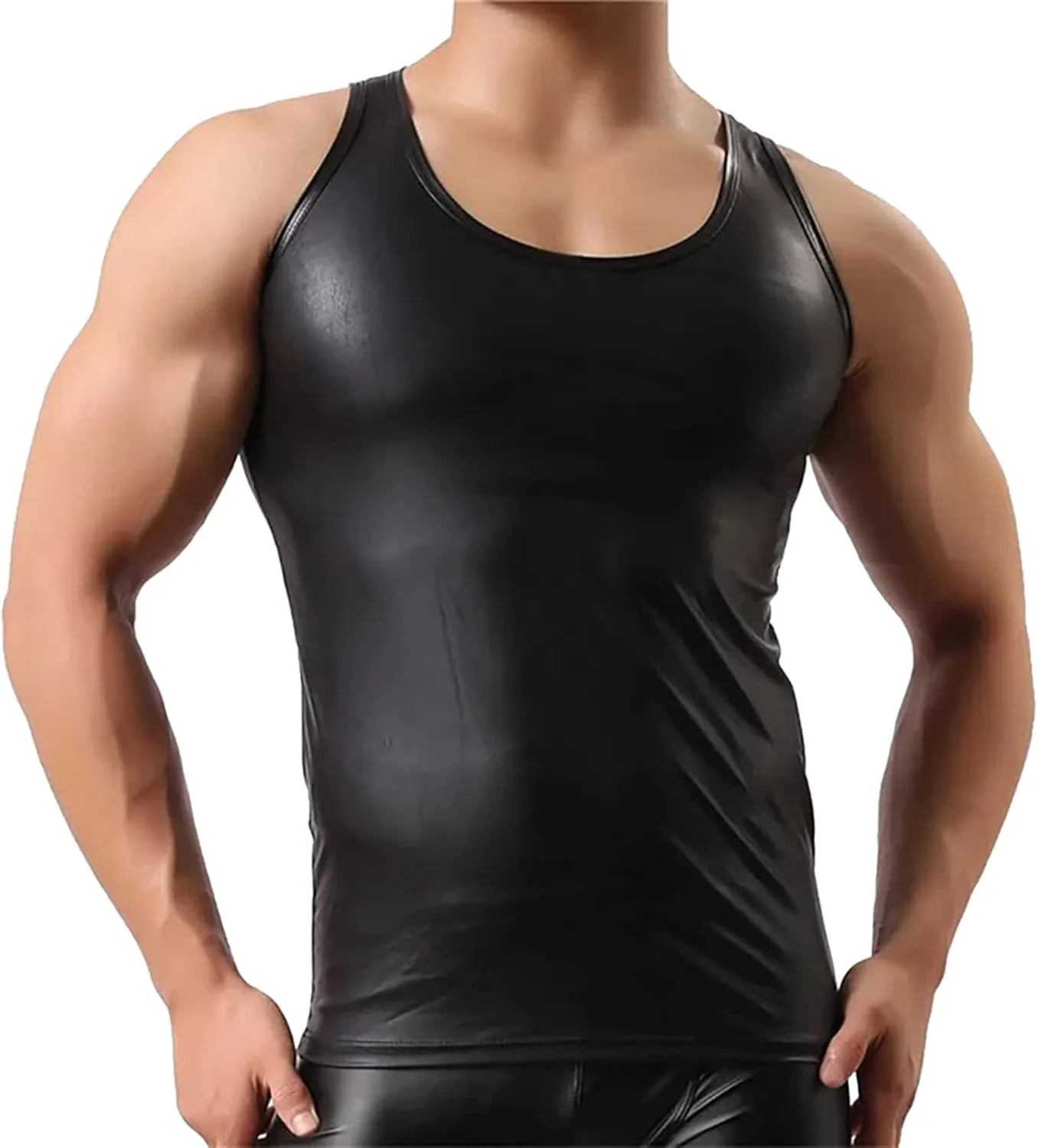 Men's Faux Leather Vest UndershirtRound Neck Sleeveless Shirt Tank Top Waistcoats Nightclub Party Clubwear Costumes