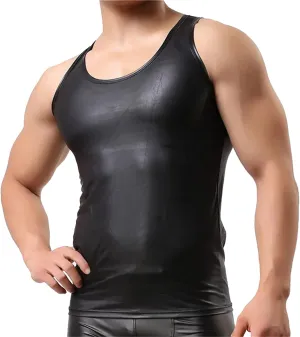 Men's Faux Leather Vest UndershirtRound Neck Sleeveless Shirt Tank Top Waistcoats Nightclub Party Clubwear Costumes