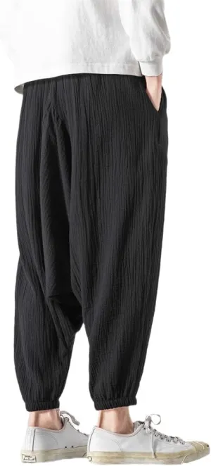 Men's Harem Pants Baggy Solid Cross Pants Retro Streetwear Wide Legs Pants Joggers Cotton Linen Trousers