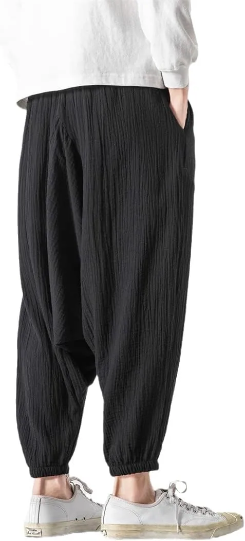Men's Harem Pants Baggy Solid Cross Pants Retro Streetwear Wide Legs Pants Joggers Cotton Linen Trousers