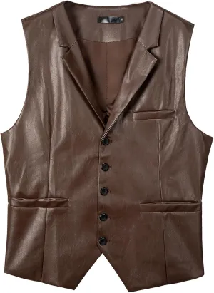 Men's Leather Suit Vest Casual Slim Fit Western Vest Jacket V-Neck Dress Vest Waistcoats