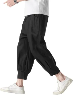 Mens Linen Harem Pants Chinese Style Drop Trousers Male Pantalones Retro Ankle-Length Pants