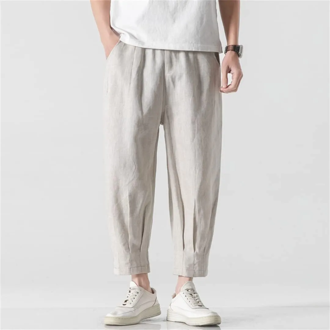 Mens Linen Harem Pants Chinese Style Drop Trousers Male Pantalones Retro Ankle-Length Pants